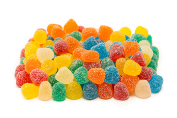 Assorted colorful gummy candies isolated on a white background.