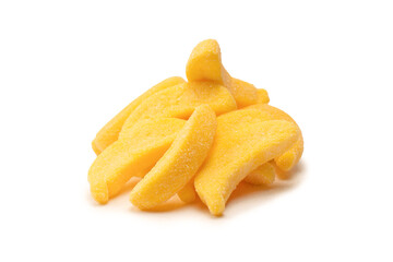 Juicy colorful jelly banana sweets isolated on white.