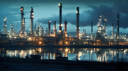 Oil refinery at night, port in front