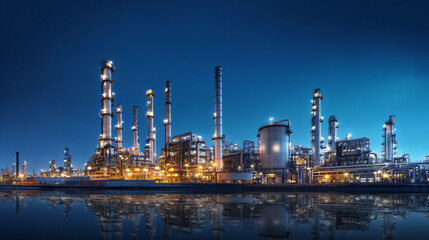 Fototapeta na wymiar Oil refinery at twilight, chimneys, lights, complex