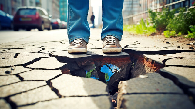 Earth Day. Planet mother earth globe. Sidewalk cracks with growing pants, Generative Ai