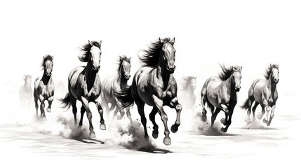 Galloping Horses on White Background. Running stallions and mares. Fast movement, wind blowing in the manes of wild beautiful mustangs. Charcoal pencil Illustration drawing on white, Generative Ai
