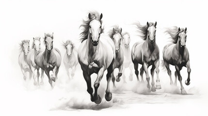 Galloping Horses on White Background. Running stallions and mares. Fast movement, wind blowing in the manes of wild beautiful mustangs. Charcoal pencil Illustration drawing on white, Generative Ai