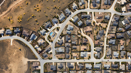 Suburb neighborhood, aerial view, houses, streets, desert surrounding