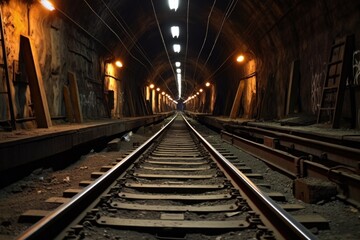 Fototapeta na wymiar close-up of rail tracks in underground subway tunnel, created with generative ai