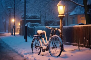 Fototapeta na wymiar snow-covered bicycle leaning against frosty lamppost, created with generative ai