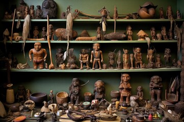 collection of uncontacted tribes artifacts on shelves, created with generative ai - obrazy, fototapety, plakaty
