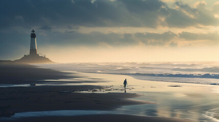 Lone person walking along a beach shoreline toward a lighthouse. Coast with hazy morning light and wave, Generative Ai
