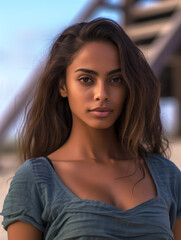 Obraz premium Gut aussehende Frau mit schöner gebräunter Haut am Strand. Modisches brasilianisches Mädchen. Generative AI