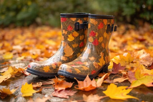 rain boots in the rain with fallen autumn leaves, created with generative ai