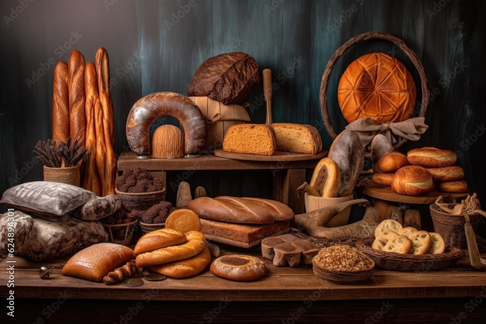 Poster display of artisanal breads on boards, created with generative ai