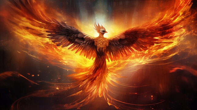 Rising Phoenix in flames. Abstract bird flying from the fire and ashes, Generative Ai