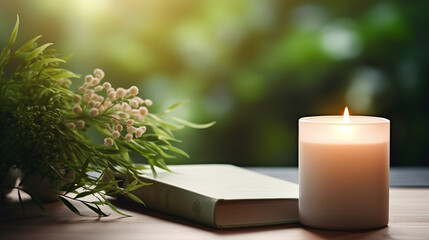 Serene meditation and wellness. Calm candle with plants and soft light. Space for writing, Generative Ai