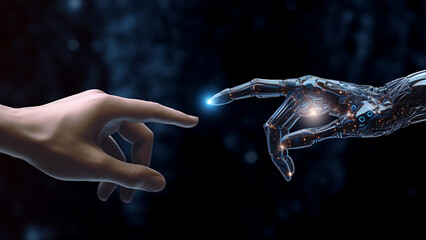 Obraz na płótnie Canvas Human Hand Touching Fingers with a Cyborg, Humanity and Technology Connection Digital Concept Render