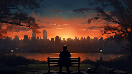 Silhouette of a person sitting on a park bench overlooking a city skyline at sunset, Generative Ai