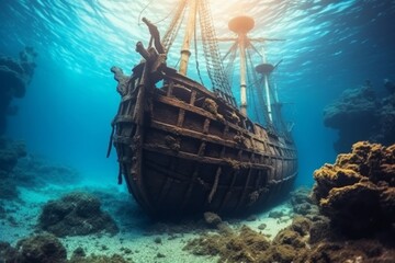 A ship at the bottom of the sea or ocean. Background with selective focus. AI generated, human enhanced