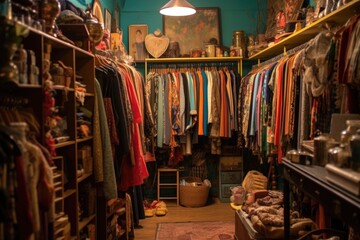 racks of colorful vintage clothing and accessories, created with generative ai