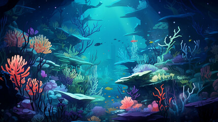 Naklejka na ściany i meble Underwater Algae, bioluminescent, Fish in Aquarium, Under the Sea, Scuba Dive, Glowing Reef, Ocean Life, Generative Ai