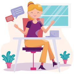 Business environment concept with cute girl character on her office Vector