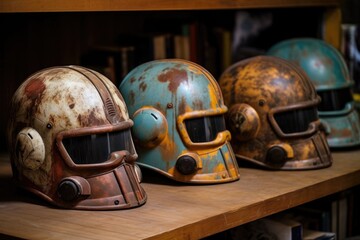 old helmets with patina and scratches, created with generative ai