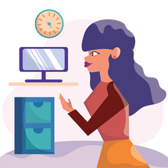 Business environment concept with girl character and a monitor screen Vector