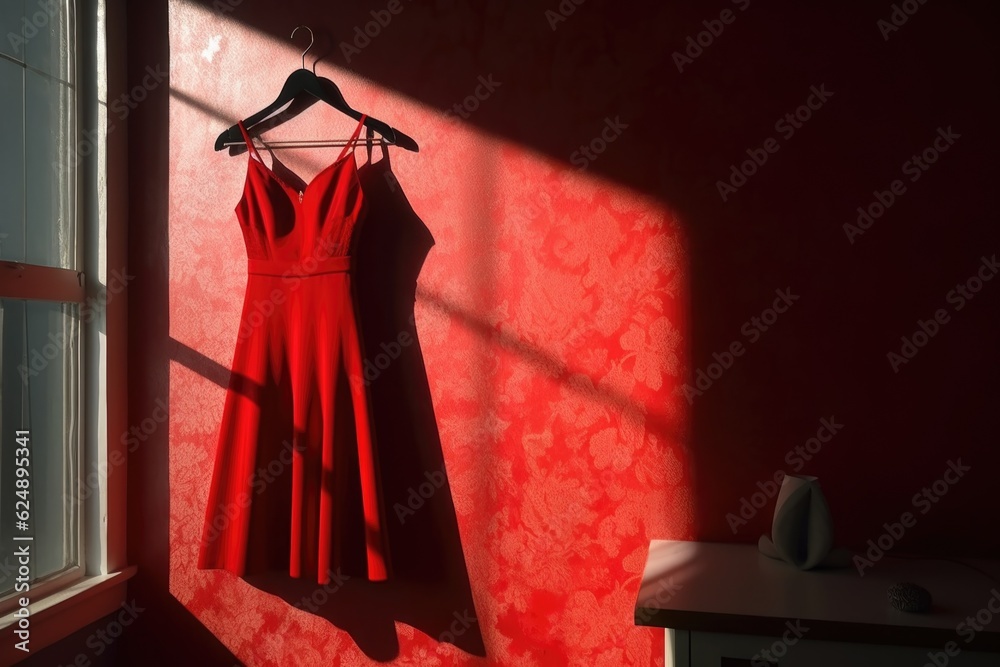 Canvas Prints red dress on hanger casting dramatic shadow on the wall, created with generative ai