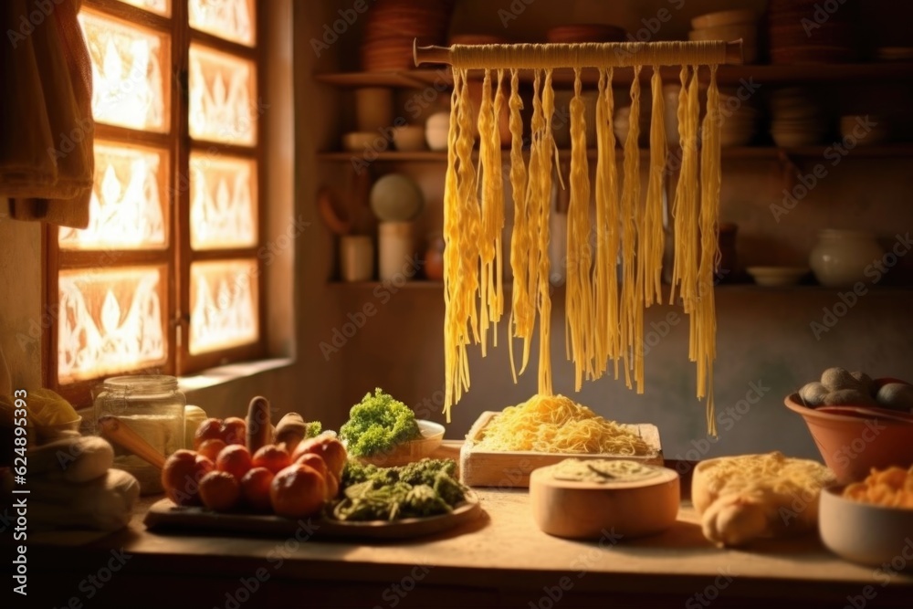 Poster pasta drying on wooden rack in kitchen, created with generative ai