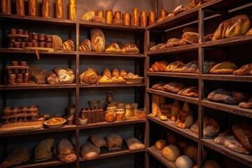 wooden shelves filled with various breads, created with generative ai