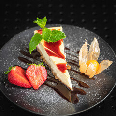 Sweet cake with strawberries and greens