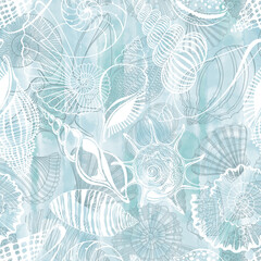 Seashells. Abstract vector seamless pattern on the marine theme on blue watercolor background.  Vector. Perfect for wallpaper, wrapping, fabric and textile. - 624895511