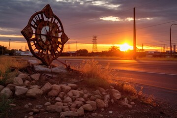 rusty route 66 sign with sun setting behind it, created with generative ai