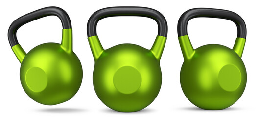 Set of heavy gym gold kettlebells for workout isolated on white background