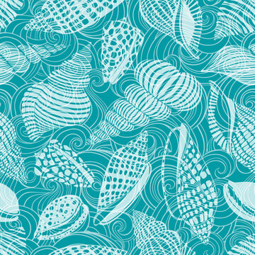 Shells and waves. Art sea background. Seamless vector pattern. Perfect for wallpaper, wrapping, fabric and textile.