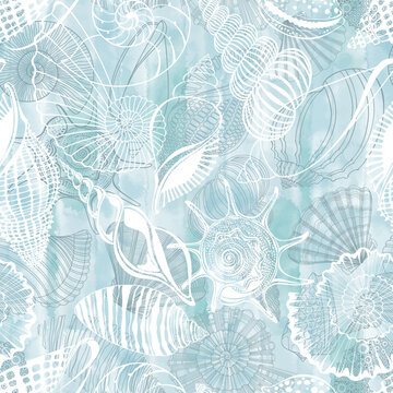 Seashells. Abstract vector seamless pattern on the marine theme on blue watercolor background.  Vector. Perfect for wallpaper, wrapping, fabric and textile.