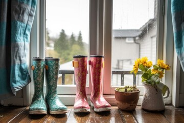 rain boots on a rainy windowsill, created with generative ai