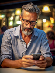 Bärtiger Mann mit Smartphone in einem Café. Generative KI