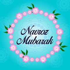 Navroz mubarak. Parsi New Year vector greeting with zoroastrian symbol. Vector greeting, poster, card.