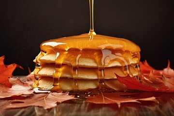 Fototapeta na wymiar maple syrup drizzling over a stack of pancakes, created with generative ai