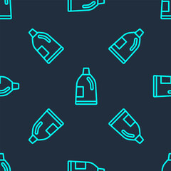Green line Plastic bottle for laundry detergent, bleach, dishwashing liquid or another cleaning agent icon isolated seamless pattern on blue background. Vector