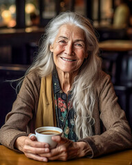 Ältere zufriedene weißhaarige Frau entspannt sich in einem Café. Generative KI