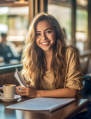 Junge schöne blonde Frau entspannt sich in einem Café. Generative KI