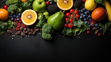 healthy fruit, clean eating, fresh vegetable in isolated black background - obrazy, fototapety, plakaty