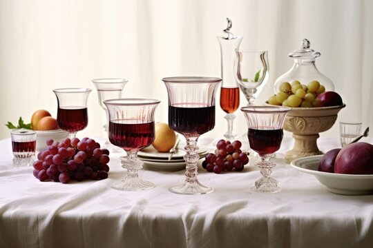 elegant wine glassware arranged on a crisp white tablecloth, created with generative ai