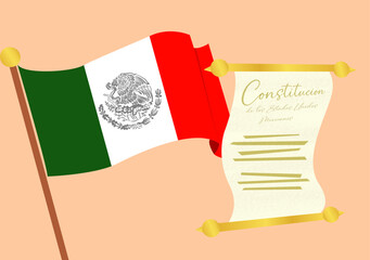 Flag of Mexico and papyrus that represents the rights in Mexico in the magna carta or political constitution of the United Mexican States