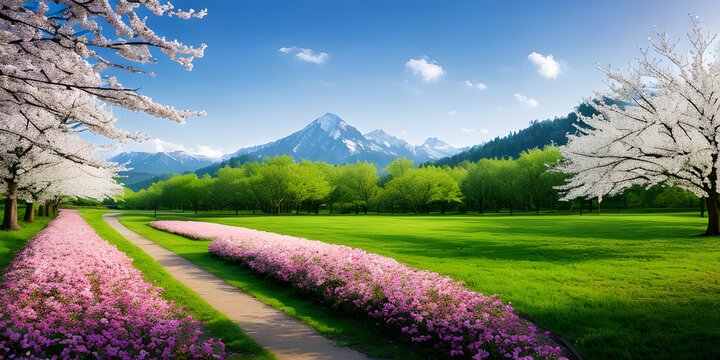 Panoramic springtime blooming flowers with scenic green grass and meadows for background