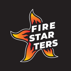 Fire Starters Concept with Star Shape Burning Fire Flames and Logo Lettering Template- Black Red and Yellow on White Background - Hand Crafted Graphic Design