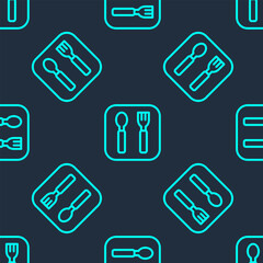 Green line Fork and spoon icon isolated seamless pattern on blue background. Cooking utensil. Cutlery sign. Vector