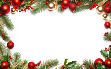 Obraz na płótnie Canvas Christmas frame with christmas tree branches and balls, generative ai