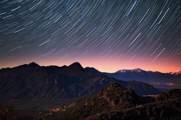 Obraz premium star trails above a silhouette of mountain peaks, created with generative ai