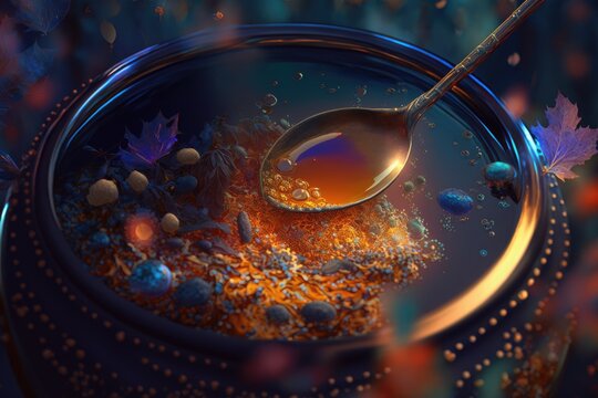 close-up of magical brew, with mysterious ingredients and stirring spoon visible, created with generative ai